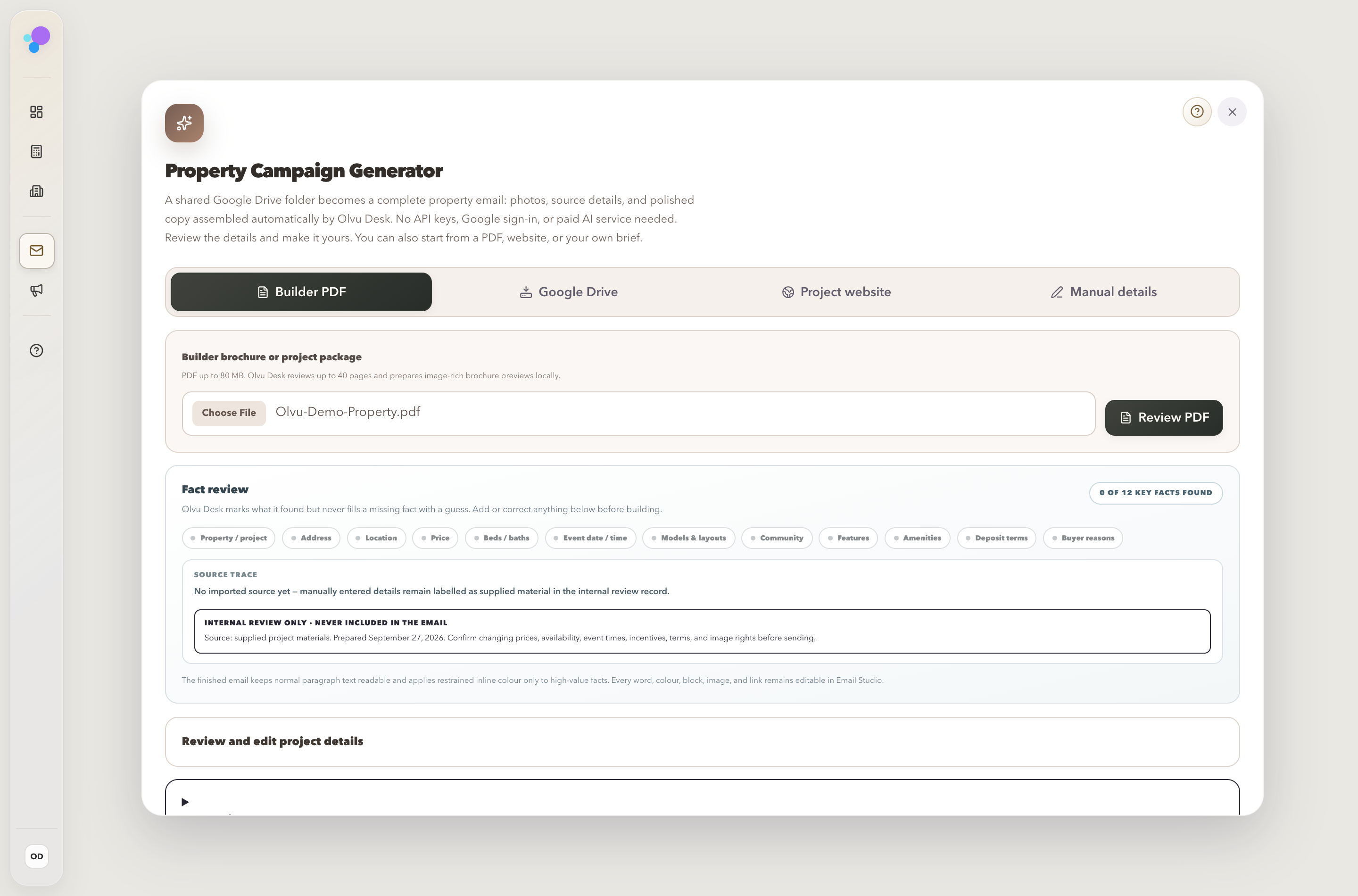 Actual property campaign source chooser with a fictional PDF selected