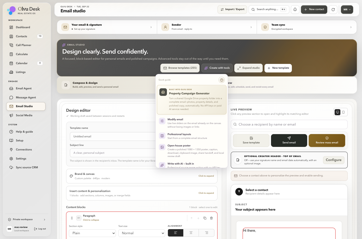 Actual Olvu Desk Email Studio with the built-in Property Campaign Generator highlighted